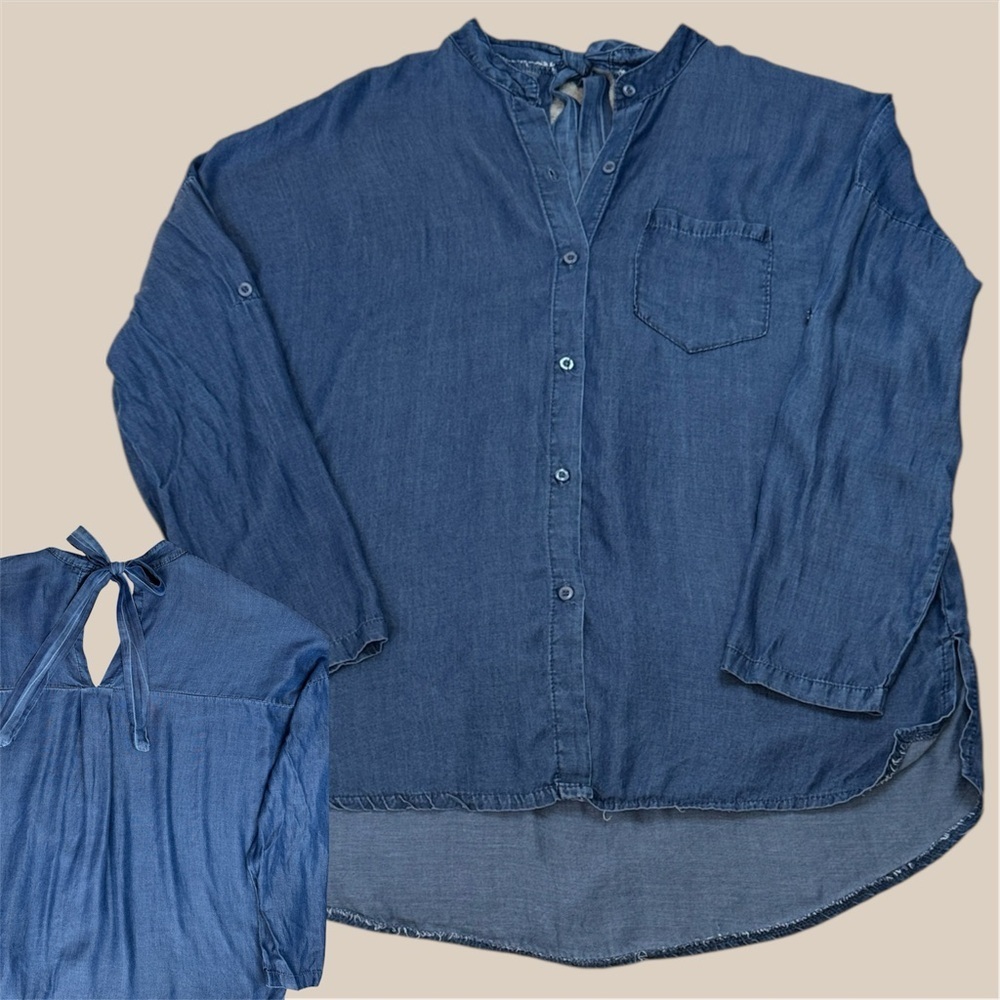 100% Tencel Made in Italy Denim-style Blue Blouse Back Bow Tie sz L